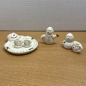 Miniature Snowman Tea Set Winter Christmas Theme Tea Pot 2 Cups Cream Sugar Tray